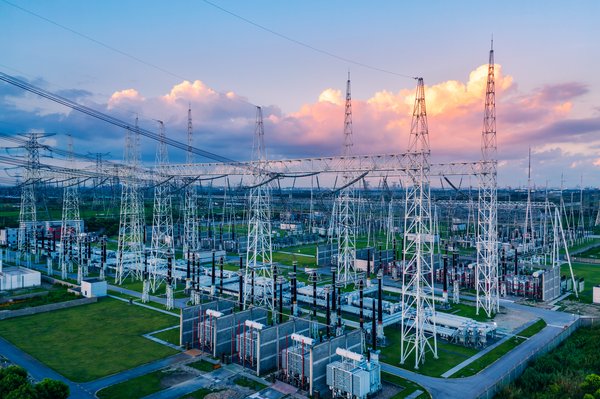 An aerial shot of a large electric substation.